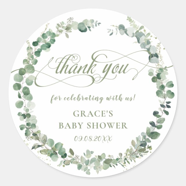 Eucalyptus Greenery Baby Shower Thank You Favour Classic Round Sticker (Front)