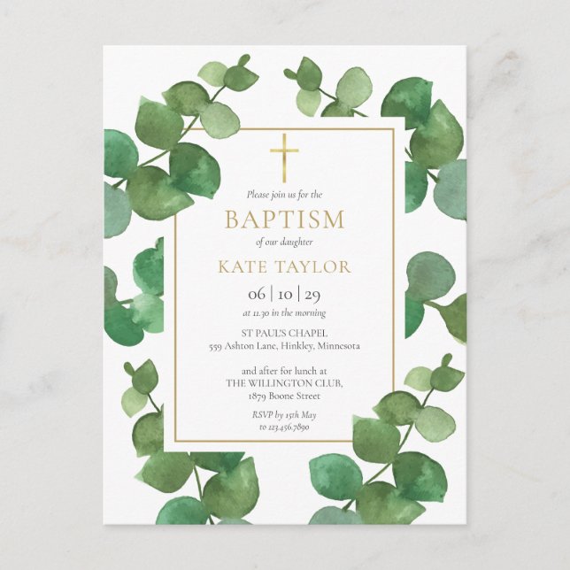 Eucalyptus Greenery Baptism Christening Invitation Postcard (Front)