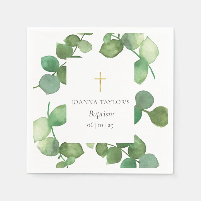 Eucalyptus Greenery Baptism Christening Napkin (Front)