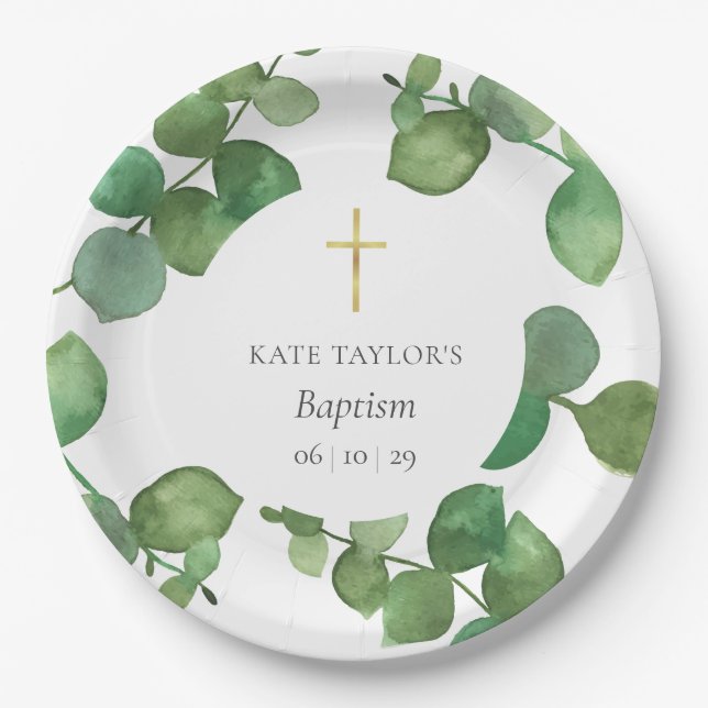 Eucalyptus Greenery Baptism Christening Paper Plate (Front)