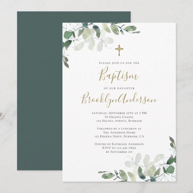 Eucalyptus Greenery Baptism Invitation (Front/Back)