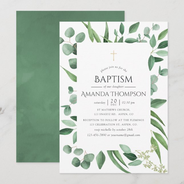 Eucalyptus Greenery Baptism or Christening Invitation (Front/Back)