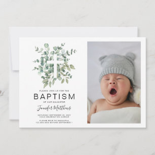 Eucalyptus Greenery Baptism Photo Invitation