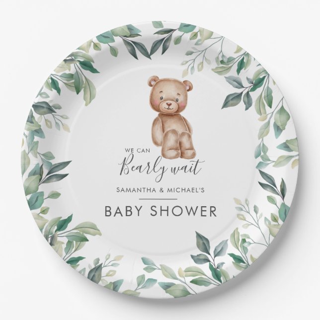 Eucalyptus Greenery Bear Couples Baby Shower Paper Plate (Front)