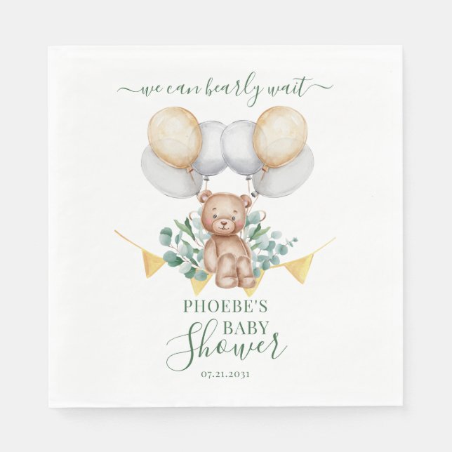 Eucalyptus Greenery Bearly Wait Baby Shower Paper Napkin (Front)