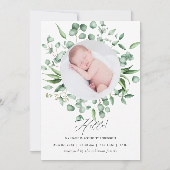 Eucalyptus Greenery Birth Announcement Photo Card (Front)