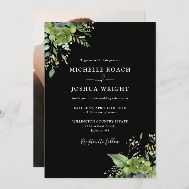 Eucalyptus Greenery Black And White Photo Wedding Invitation (Front/Back)