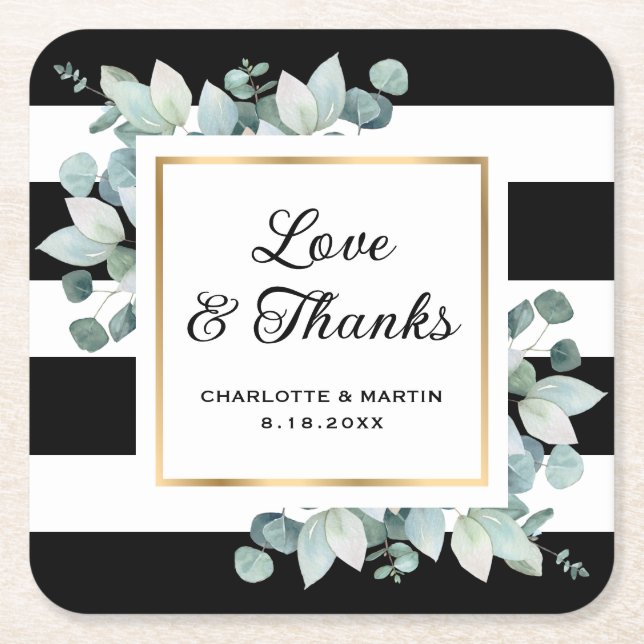 Eucalyptus Greenery Black and White Wedding Square Paper Coaster (Front)