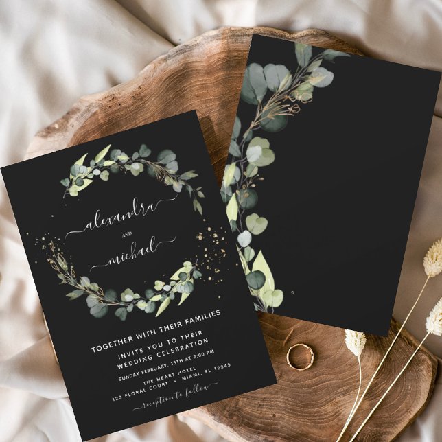 Eucalyptus Greenery Black Elegant Wedding Invitation (Creator Uploaded)