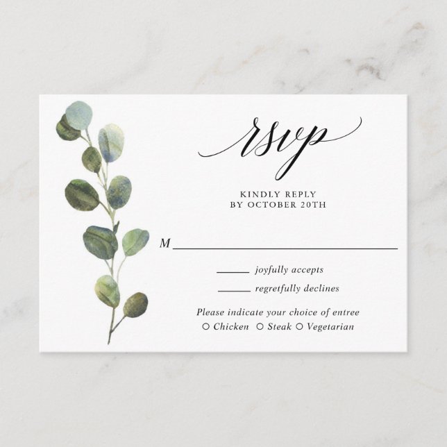 Eucalyptus greenery black white wedding RSVP Enclosure Card (Front)