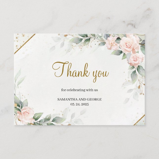 Eucalyptus Greenery Blush Floral Gold Thank You Enclosure Card (Front)
