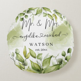 Eucalyptus Greenery Blush Modern Trendy Script Round Cushion