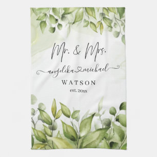 Eucalyptus Greenery Blush Modern Trendy Script  Tea Towel