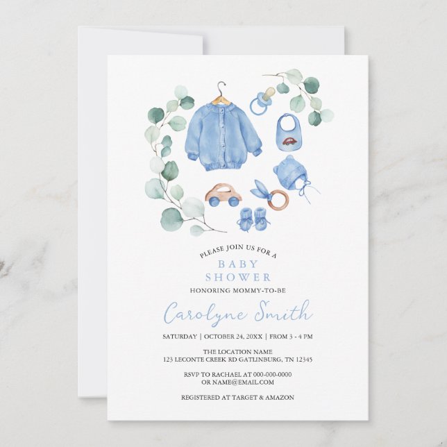 Eucalyptus Greenery Boho Clothes Boy Baby Shower Invitation (Front)