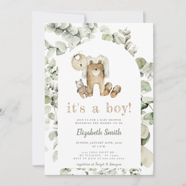 Eucalyptus Greenery Boho It's a Boy Baby Shower Invitation (Front)