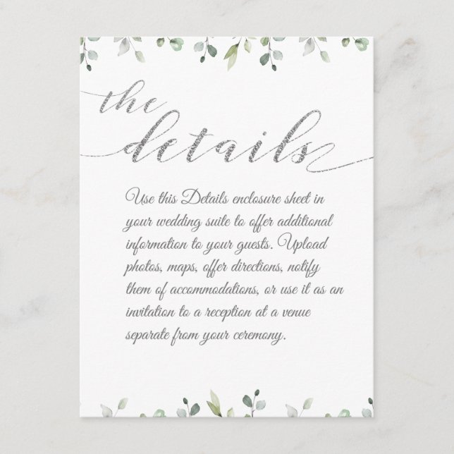 Eucalyptus Greenery Border Silver Wedding Details Enclosure Card (Front)
