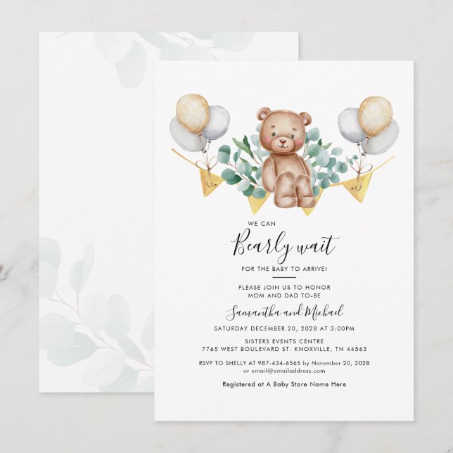 Eucalyptus Greenery Botanical Bear Baby Shower Invitation (Front/Back)