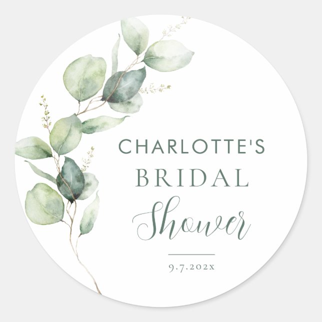 Eucalyptus Greenery Botanical Bridal Shower Classic Round Sticker (Front)