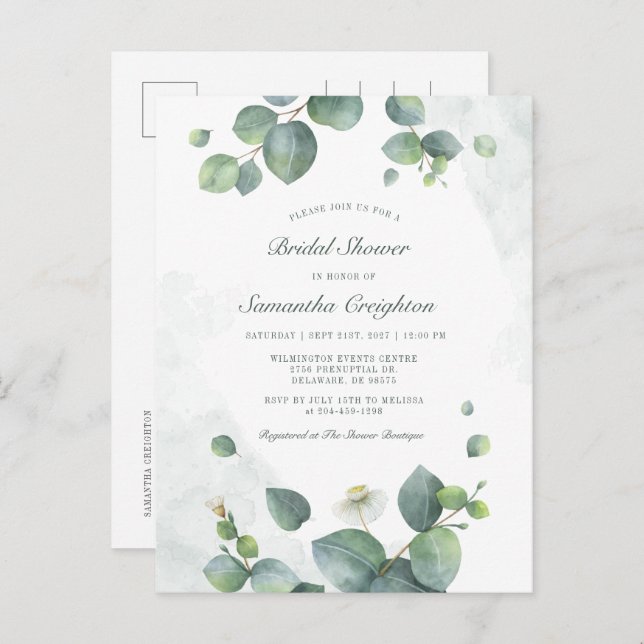 Eucalyptus Greenery Botanical Bridal Shower Invitation Postcard (Front/Back)
