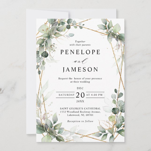 Eucalyptus Greenery Botanical Geometric Wedding Invitation (Front)