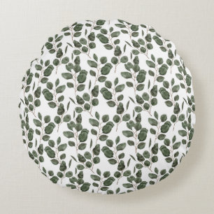 Eucalyptus Greenery Botanical Green White Trendy Round Cushion