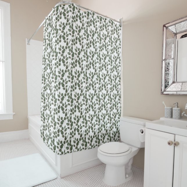 Eucalyptus Greenery Botanical Green White Trendy  Shower Curtain (In Situ)