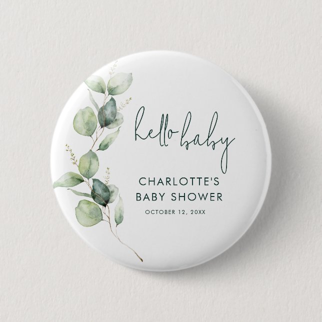 Eucalyptus Greenery Botanical Script Baby Shower 6 Cm Round Badge (Front)