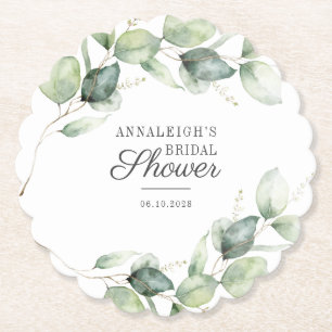 Eucalyptus Greenery Botanical Script Bridal Shower Paper Coaster
