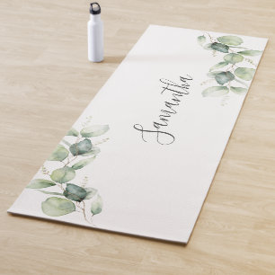 Eucalyptus Greenery Botanical Script Minimalist  Yoga Mat