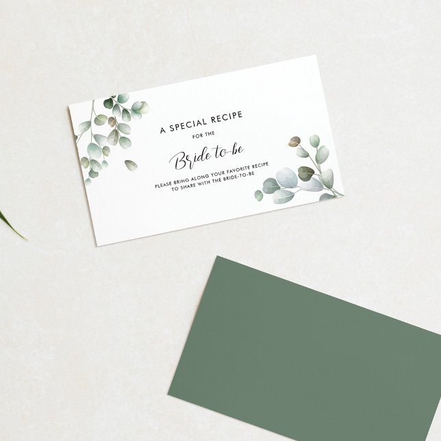Eucalyptus Greenery Botanical Script Recipe Enclosure Card (Eucalyptus Foliage Bridal Shower Recipe Request Enclosure Card)