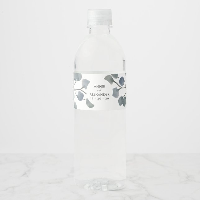 Eucalyptus Greenery Botanical Watercolor Water Bottle Label (Front)