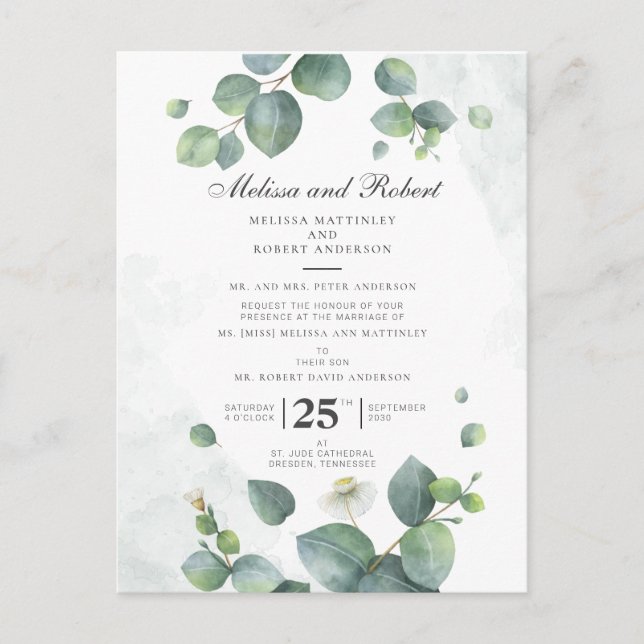 Eucalyptus Greenery Botanical Wedding Invitation Postcard (Front)