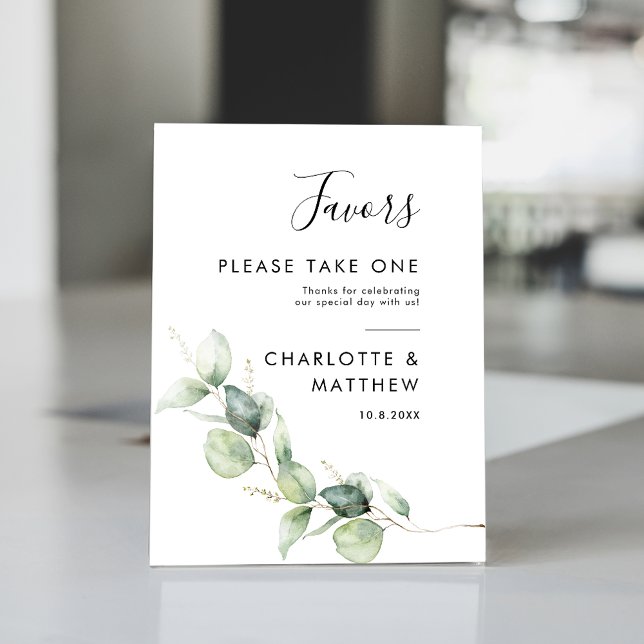 Eucalyptus Greenery Botanical Wedding Pedestal Sign (Eucalyptus Greenery Script Favors Table Top Sign)