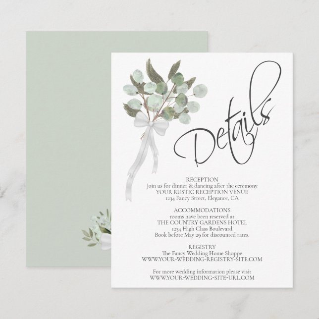 Eucalyptus & Greenery Bouquet Wedding Details Enclosure Card (Front/Back)