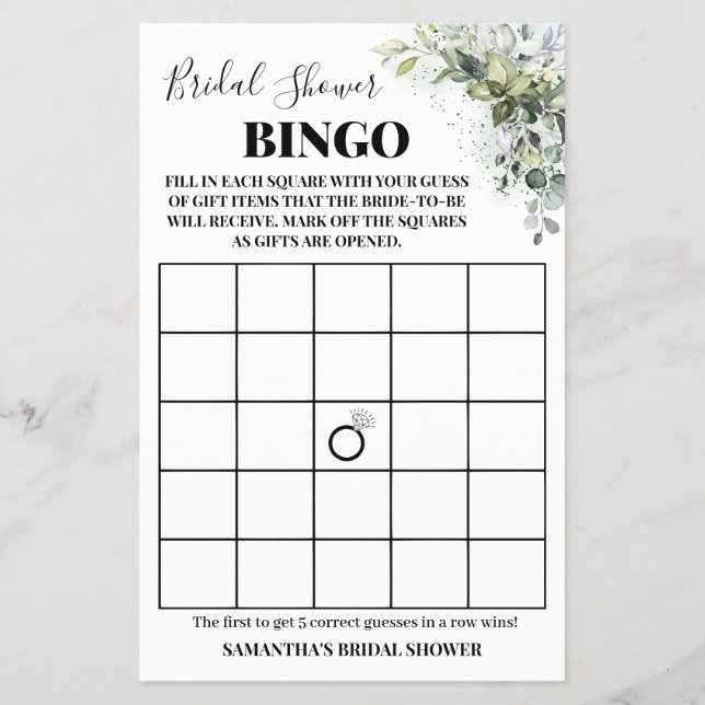 Eucalyptus Greenery Bridal Shower Bingo Game Card (Front)