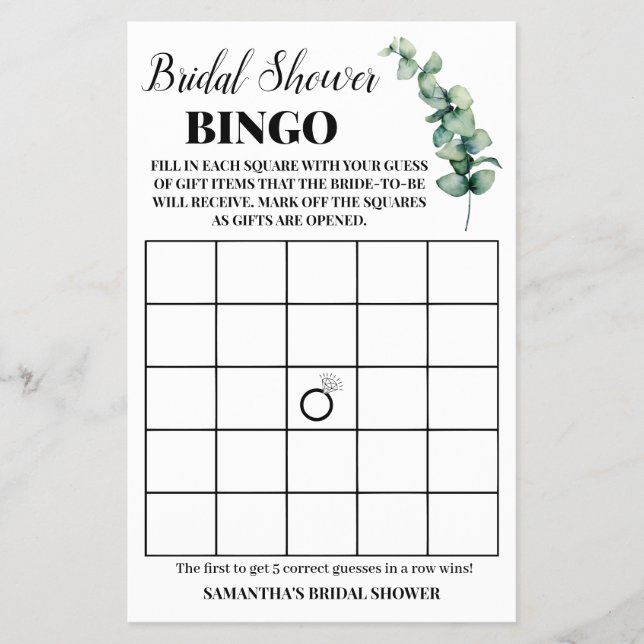 Eucalyptus Greenery Bridal Shower Bingo Game Card (Front)