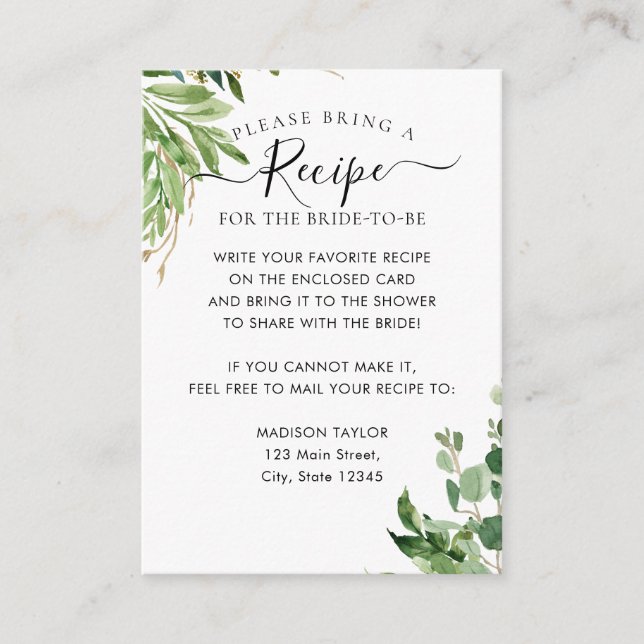 Eucalyptus Greenery Bridal Shower Recipe Request Enclosure Card (Front)