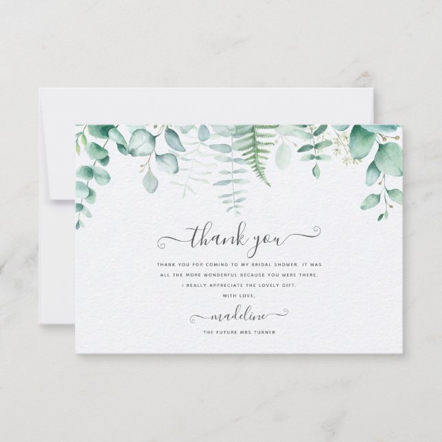 Eucalyptus Greenery Brunch Bridal Thank You  Card (Front)