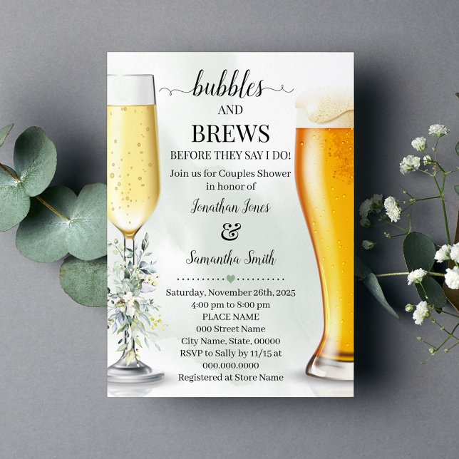 Eucalyptus greenery bubbles and brews shower invitation (Eucalyptus Greenery Bubbles and Brews Couples shower invitation Champagne & Beers Greenery Wedding)
