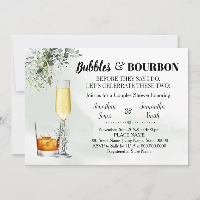 Eucalyptus Greenery Bubbles & Bourbon Shower  Invitation (Front)