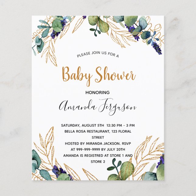 Eucalyptus greenery budget baby shower invitation (Front)
