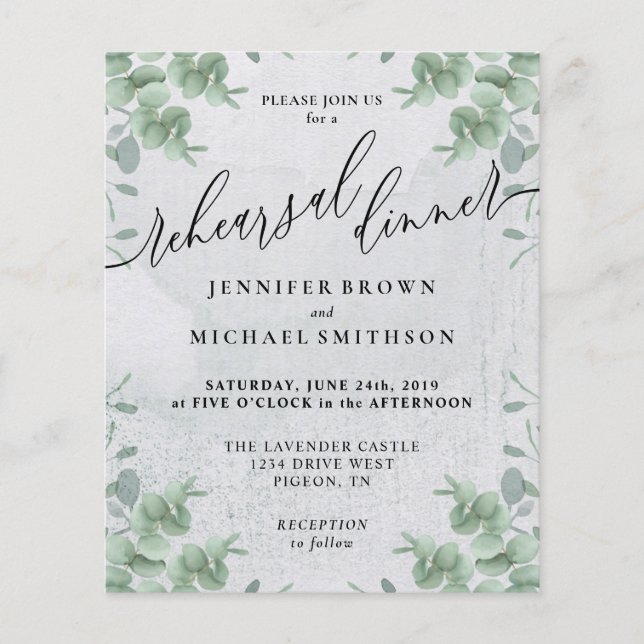 Eucalyptus Greenery budget Rehearsal Dinner Flyer (Front)