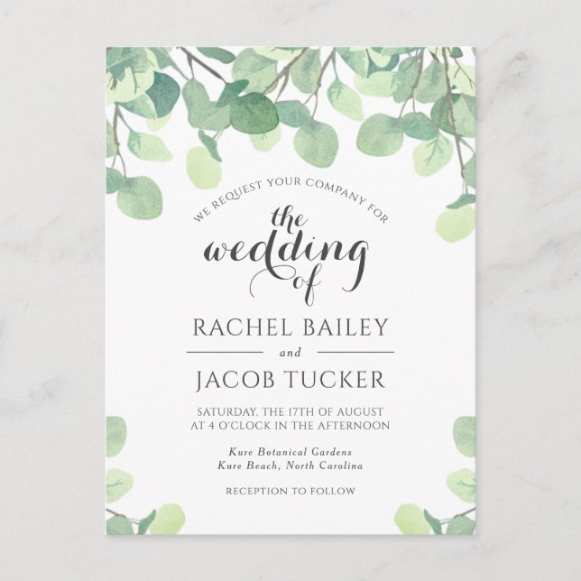 Eucalyptus Greenery Budget Wedding Invitation Postcard (Front)
