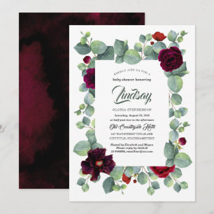 Eucalyptus Greenery Burgundy Floral Baby Shower Invitation