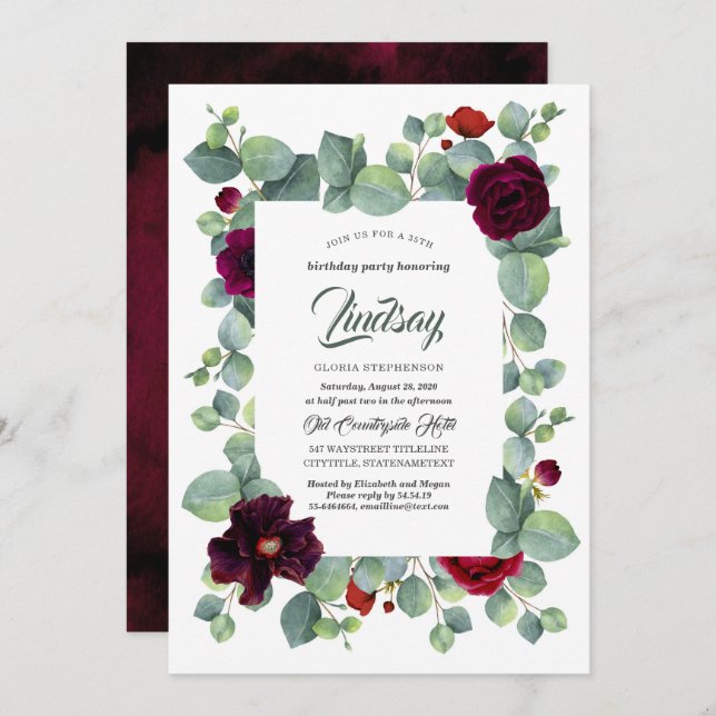 Eucalyptus Greenery Burgundy Floral Birthday Party Invitation (Front/Back)