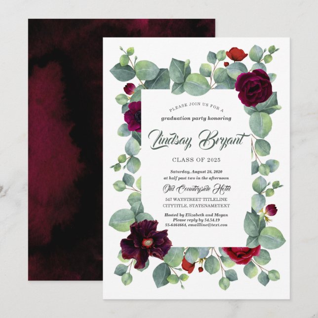 Eucalyptus Greenery Burgundy Floral Graduation Invitation (Front/Back)