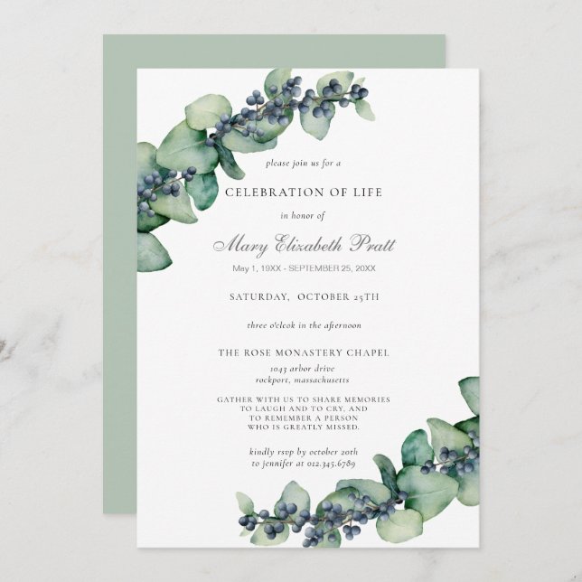 Eucalyptus Greenery Celebration of Life Invitation (Front/Back)