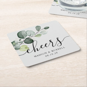 Eucalyptus Greenery Cheers Wedding Favour  Square Paper Coaster