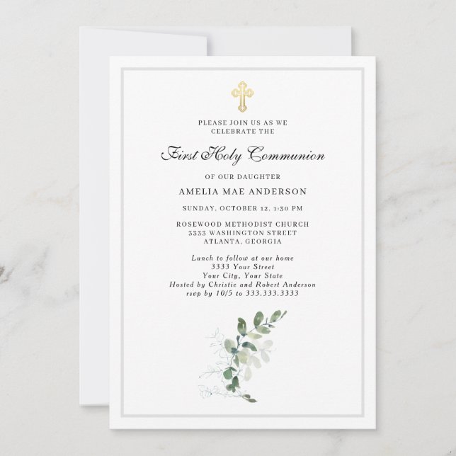 Eucalyptus Greenery Cross First Holy Communion Invitation (Front)