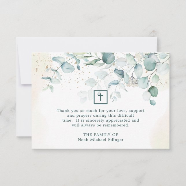 Eucalyptus Greenery Cross Religious Funeral Thank  You Card (Front)